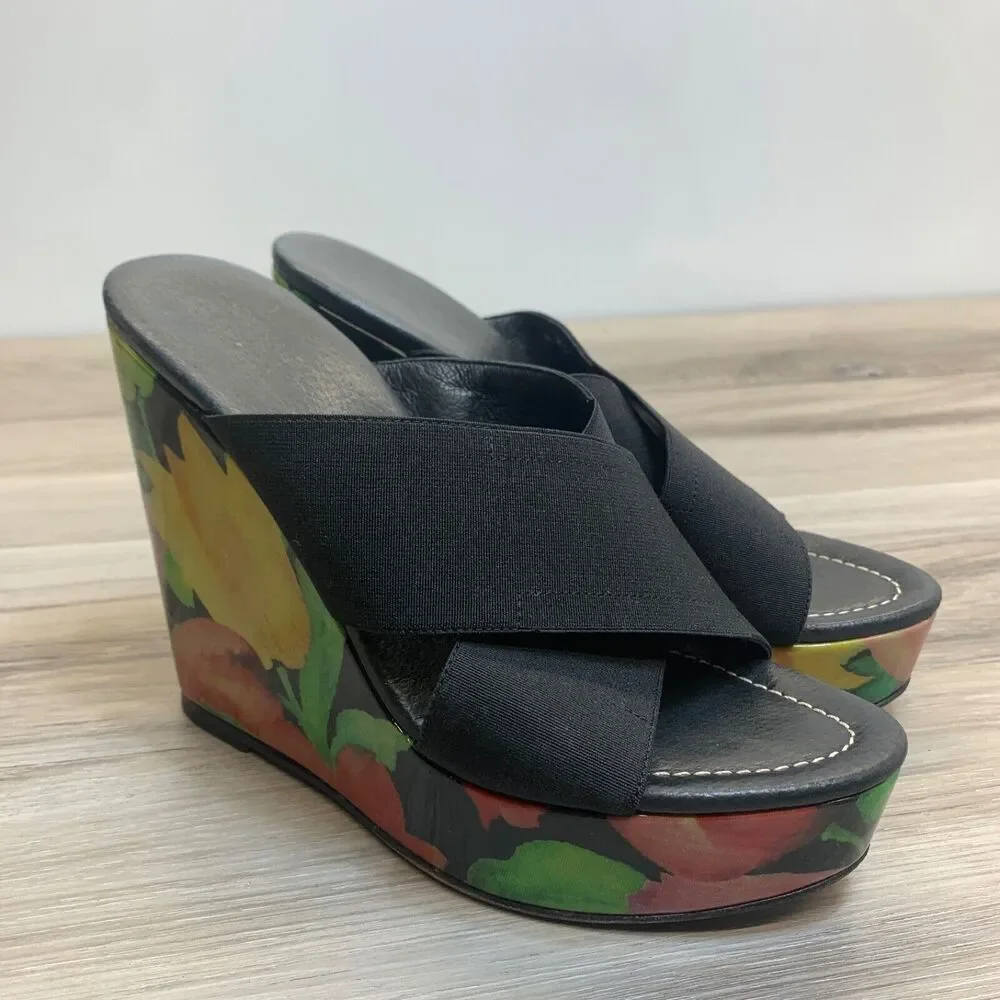 DONALD J PLINER Womens Sz 8 M Sabri Wedge Platform Sandals Black Tulipano Floral